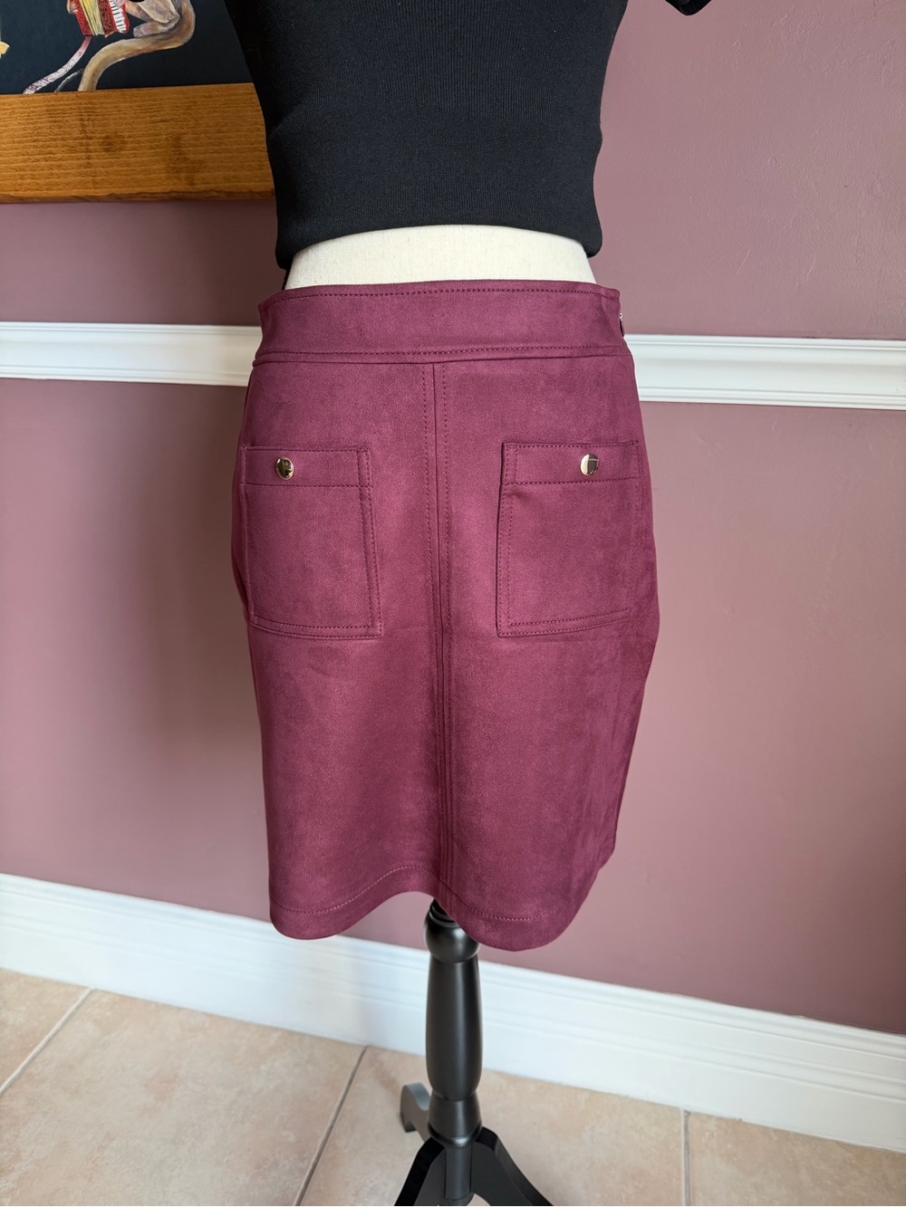 NWT LOFT Burgundy Wine Faux Suede Skirt with Front Patch Pockets Size 0